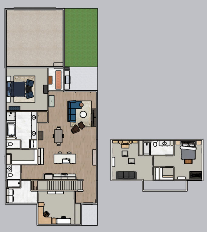 Living with sofa facing TV media thats on top of media console with rectangle coffee table